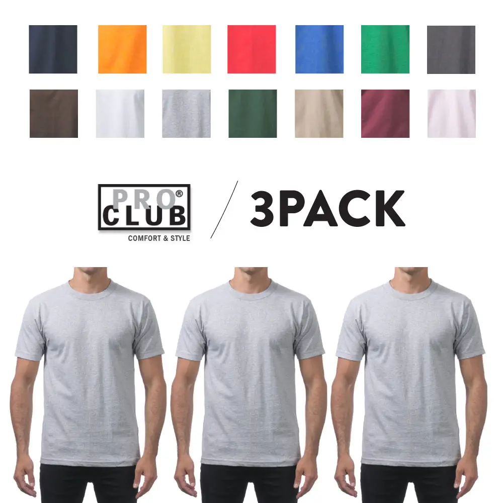 3 Pack PROCLUB Men's Comfort Short Sleeve T Shirts PRO CLUB Lightweight T Shirt Cotton Tee Casual Hip Hop Harem Crew Neck Shirts (S to 5XL)