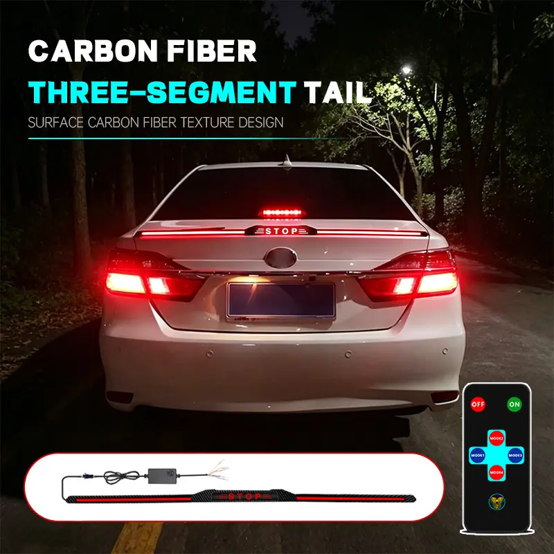 12V Car-Ready Carbon Fiber Devil's Eye LED Tail Light Strip - Universal Fit Full Length Rear Tailgate Lights with Adjustable Multi-Mode, Turn Signal, Remote Control for Car Decoration