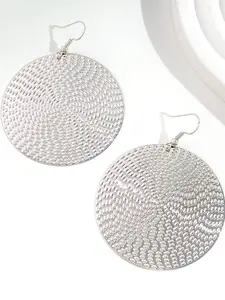 Boho Silver Color Hollow Out Disc Pendant Earrings, Hook Earrings, Round Metal Dangle Design, Textured Feel, Women's Statement Jewelry, High Quality Earrings