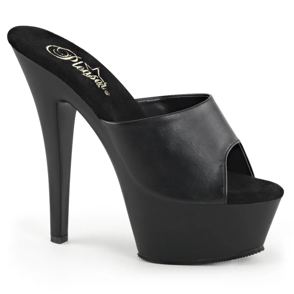Pleaser Women's Kiss-201 Slides - Chic Black Vegan Leather Peep Toe Footwear, 6 Inch Stiletto Elegant Heels