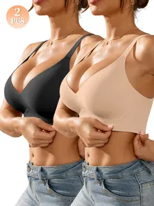 2-Pack Women's Simple Fashion V-Neck Bra, Seamless Wire-Free Lined Design, Daily Wear Bras, Medium Support, Slim-Fitting, All Seasons