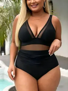 Plus Size Sexy Contrast Mesh V Neck One-piece Swimsuit, Women's Adjustable Strap Tummy Control Swimwear for Summer, Summer Outfits 2024, Ladies Plus Size Swimwear for Beach Holiday Vacation, Swimsuit Style
