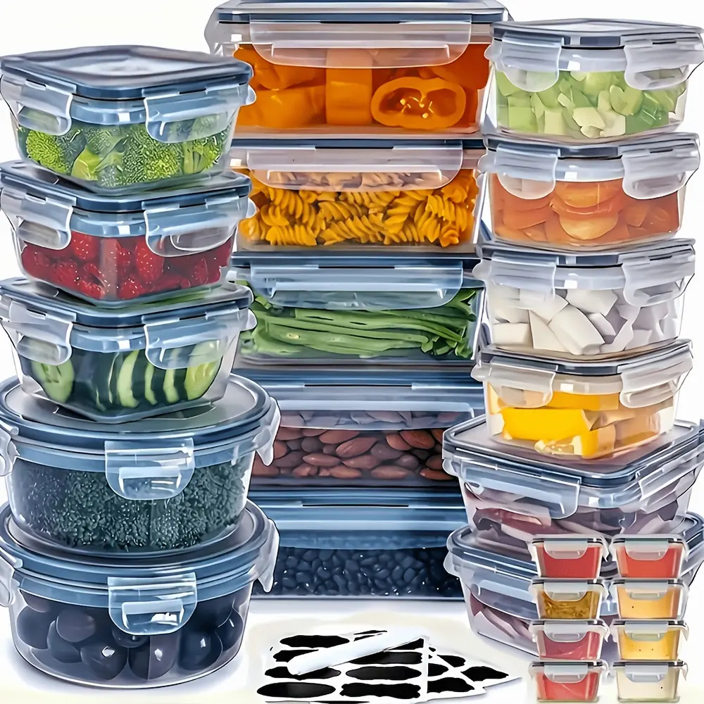 24/48/50pcs Deluxe Food Storage Container Set, High Quality - Airtight Seal, BPA-Free, Easy-Snap Lids, Stackable, Microwave Safe - Includes 12/24/25 Containers, 12/24/25 Lids, Free Labels and Kitchen Storage Marker, Perfect for Travel and Outdoor