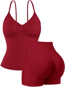 Two-piece Set Women's Solid Sports Top & High Waist Shorts, Sporty Casual Cami Top & Skinny Shorts, Ladies Sportswear for Indoor Outdoor Wear, Yoga Clothes Set