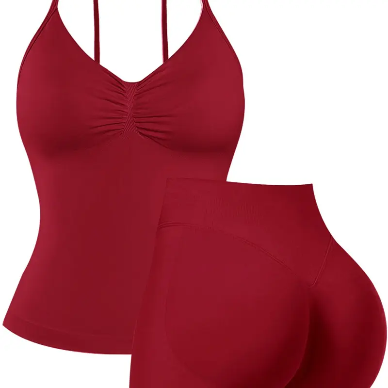 Two-piece Set Women's Solid Sports Top & High Waist Shorts, Sporty Casual Cami Top & Skinny Shorts, Ladies Sportswear for Indoor Outdoor Wear