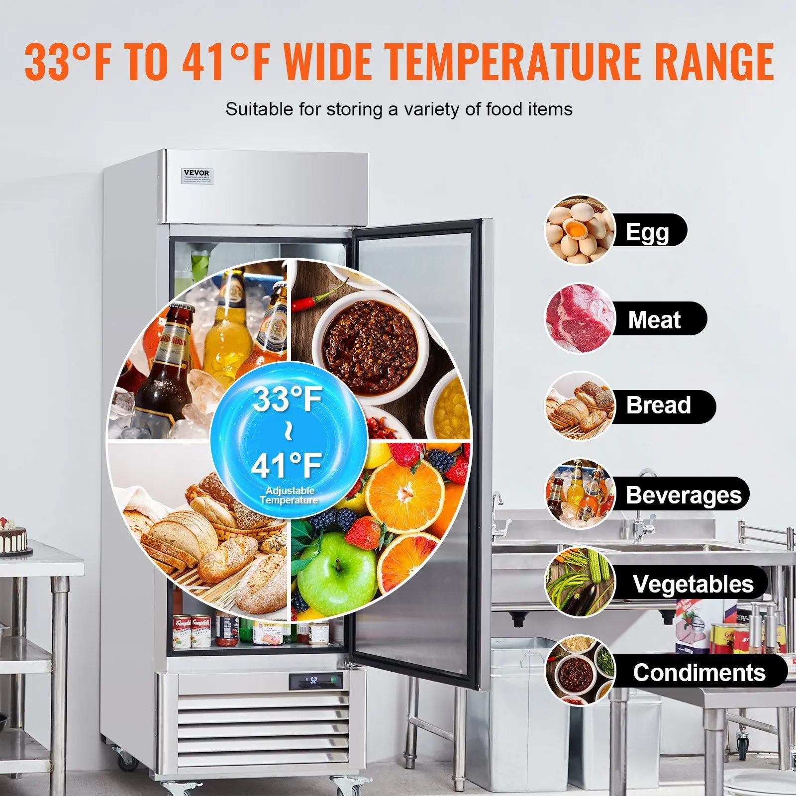 VEVOR Commercial Refrigerator 19.32 Cu.ft, Reach In 27" W Upright Refrigerator Single Door, Auto-Defrost Stainless Steel Reach-in Refrigerator & 4 Shelves, 33 to 41 ° F Temp Control, LED Light, 4 Wheel