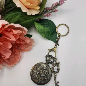 Floral Pocket Watch Keychain Antique Bronze Style with Cameo Gem Key Metal