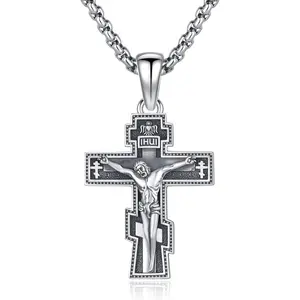 Crucifix Necklace 925 Sterling Silver Orthodox Crucifix Pendant Cross Jesus Necklace Crucifix Cross Religious Protection Jewelry for Men Women