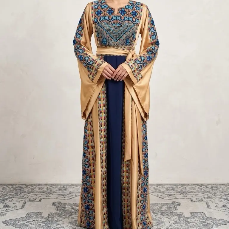 Elegant Embroidered Yellow & Navy Dress with Long Sleeves and Waist Tie for Special Occasions