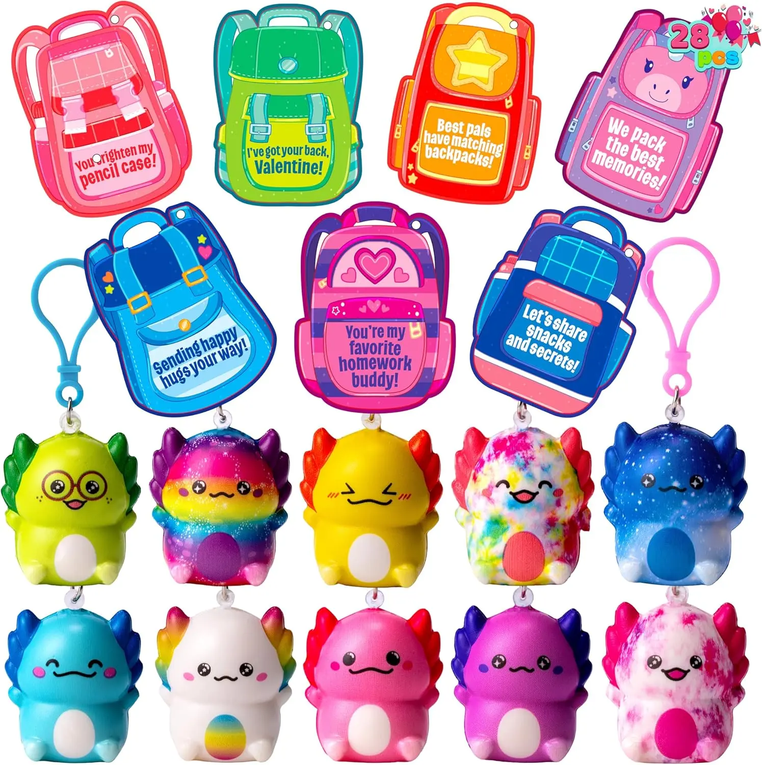 Halloween fall Gift 28 Pcs  Axolotl Toys with Backpack Cards, Slow Rising PU Squishy Keychains, Valentine Stress Relief Toys for Kids Party Gift Exchange Classroom Prize Goodie Bag Stuffers