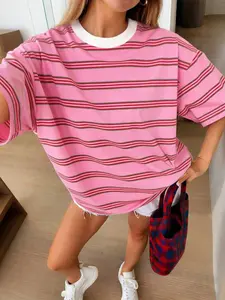 Women's Striped Lounge Top, Soft Comfortable Short Sleeve Tee, Loose Fit Casual Wear, Ideal for Daily Home Use, Single Piece Set, Loungewear, Everyday