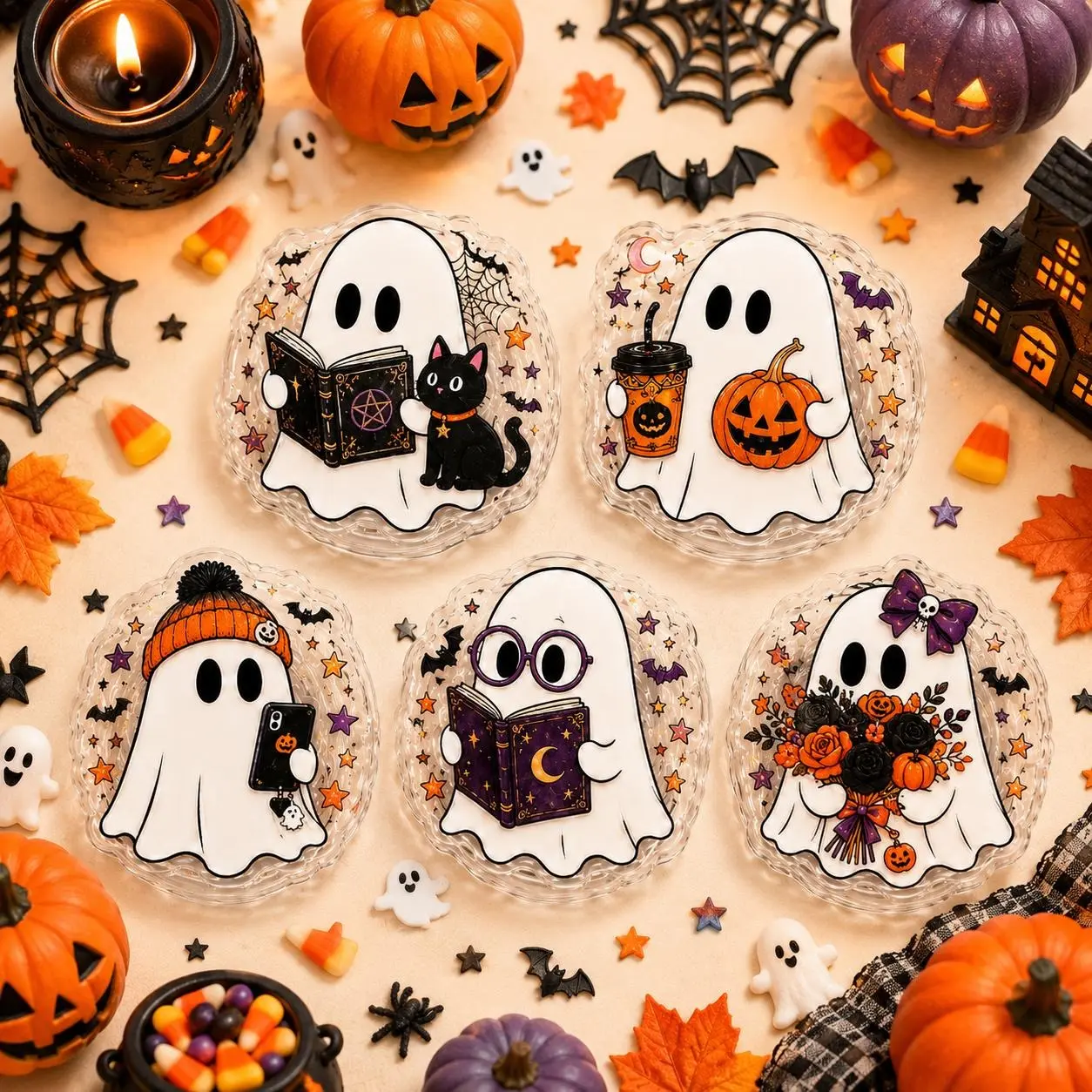 Halloween Ghost Acrylic Phone Grip Cute Pumpkin Orange Purple Phone Stand Holder Spooky Cat Magic Book Accessories