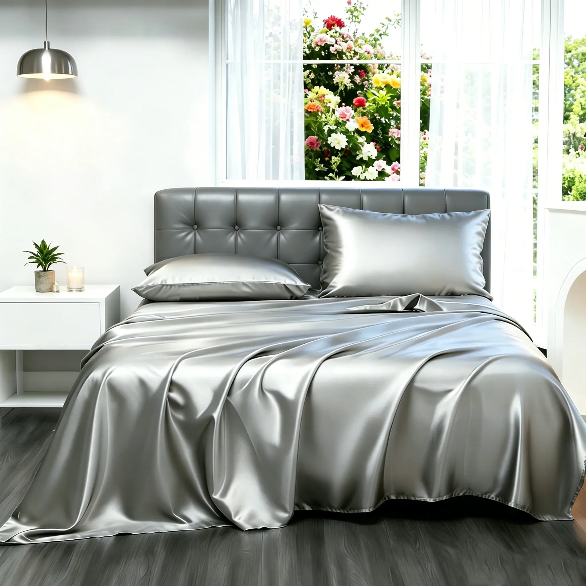 4Pcs Luxury Satin Hotel Style Bedding Set, Soft Silky Bed Sheet, Satin Sheets & Fitted Sheet with 2 Pillowcases(No Insert), Polyester Fabric, Comfortable Bedroom Decor Bedding Accessories, Luxurious Beddings