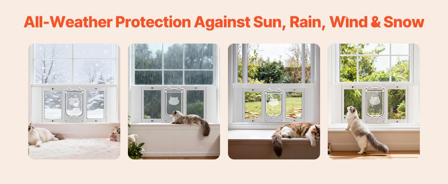 Window Cat Door with Adjustable Width 31 to 36 Inches, 4 Secure Lock Modes, Aluminum Frame and Clear Tempered Glass, Magnetic Closure, Weatherproof Quick-Fit Pet Door for Cats, White