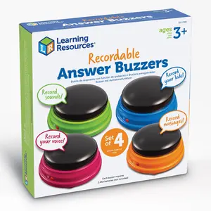 Learning Resources Recordable Answer Buzzers - Set of 4, Ages 3+ | Pre-K Personalized Sound Buzzers, Recordable Buttons, Game Show Buzzers, Perfect for Family Game and Trivia Nights