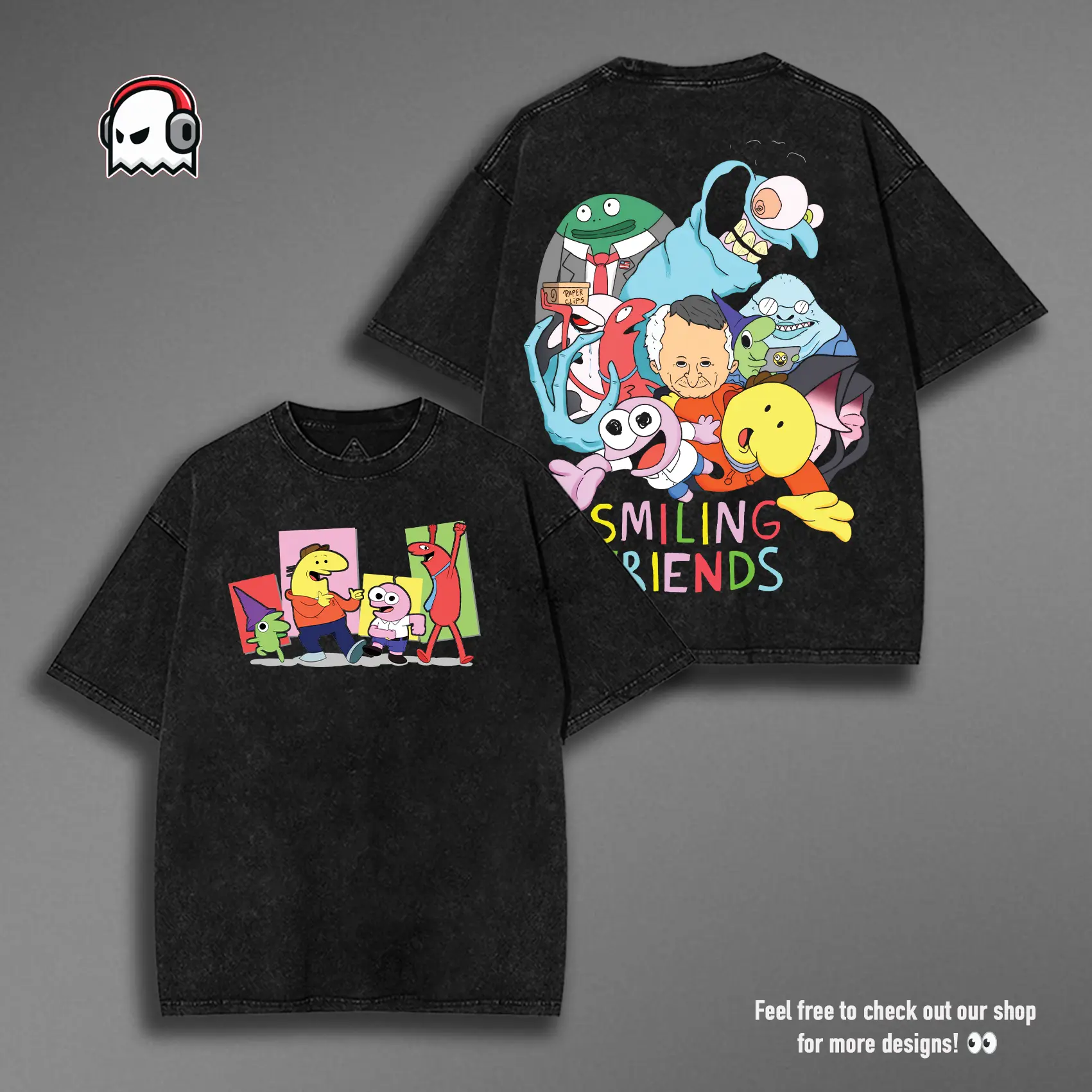 Smiling Friends Washed Cotton Shirt, Smiling Friend Ss3 Shirt, Graphic Tee, Cartoon Double Printed Vintage Washed Tee Cotton T-shirt Fabric Menswear Top Collar