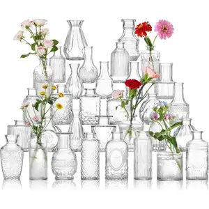 Glass Bud Vase Set of 32 Pcs, Vintage Clear Small Glass Vases for Flowers, Glass Bud Vases in Bulk, Mini Vase for Centerpieces, Wedding, Home Decor Events