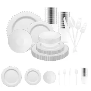 White with Silver Pearl String Round Disposable Plastic Tableware Set