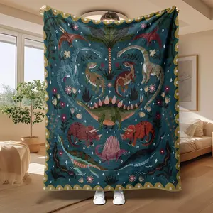 Dinosaur Pattern Tapestry Blanket, Boho Style Throw Blanket, Soft Warm Napping Blanket for Home Office Travel Camping Picnic