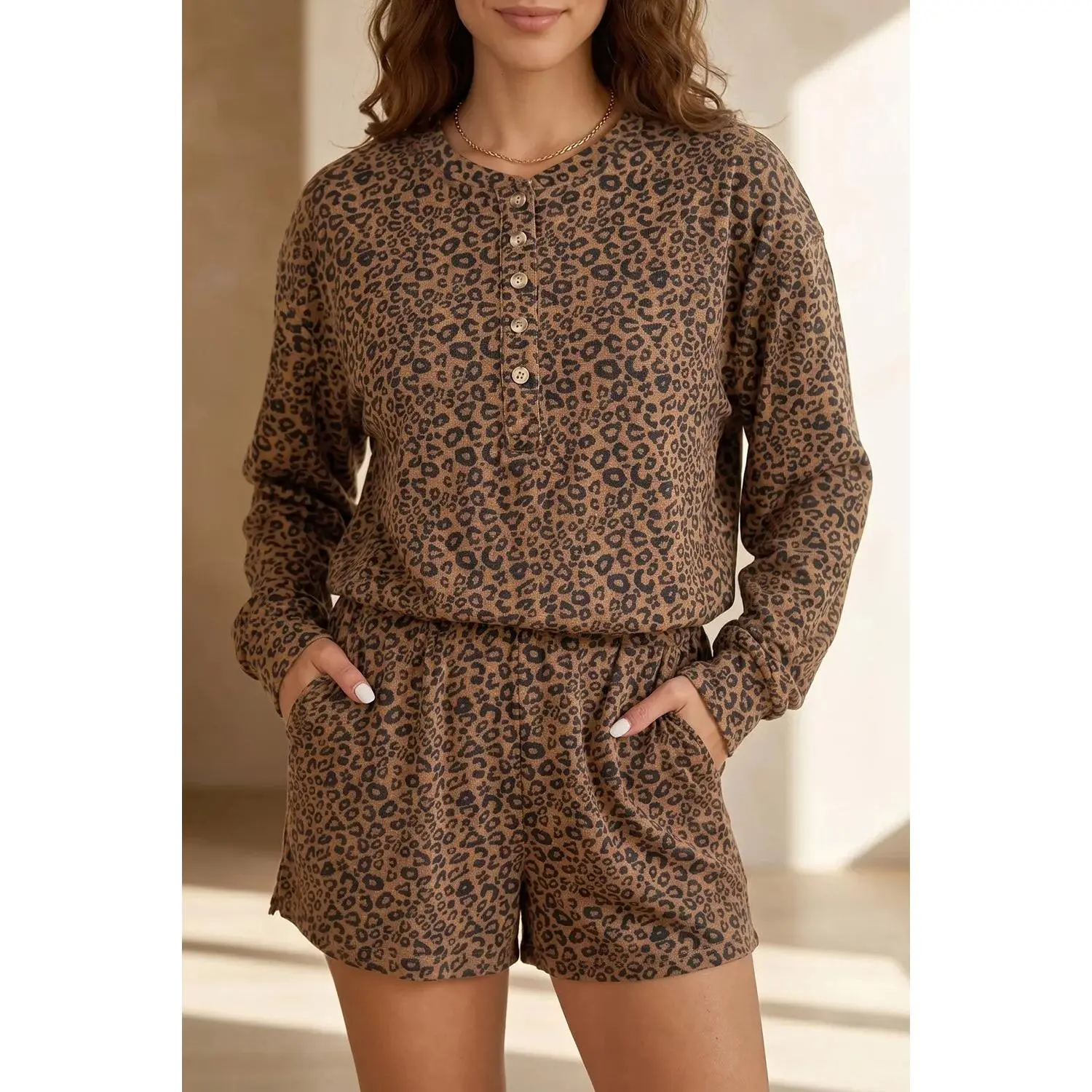 Leopard Print Long Sleeve Henley Top Elastic Waist Shorts 2pcs Outfit