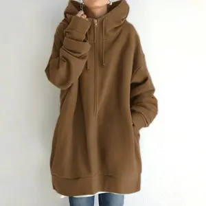 Oversized S-5XL Women Loose Hooded Coats Autumn Female Tie Collar Long Sleeve Zipper Up Add Velvet Long Sweatshirt Minimalist Street Cardigan Polyester Fabric Basic Tops Womenswear Asian