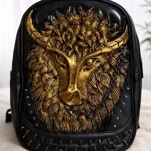 Men's 3D Ram Head Faux Leather Backpack - Adjustable Straps, Bold Fashion Luggage Bag