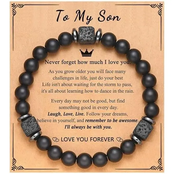 BloomWish S To My Man Bracelet Love Gifts for Him Dad Husband Brother Son Grandpa Lava Stone Bead Bracelet with Card
