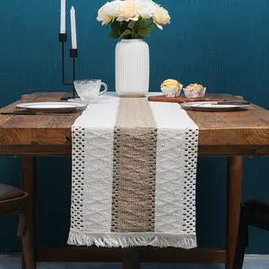 Two-tone Woven Tassel Cotton Linen Table Runner Patchwork Natural Material Table Mat Holiday Decoration Cover Cloth