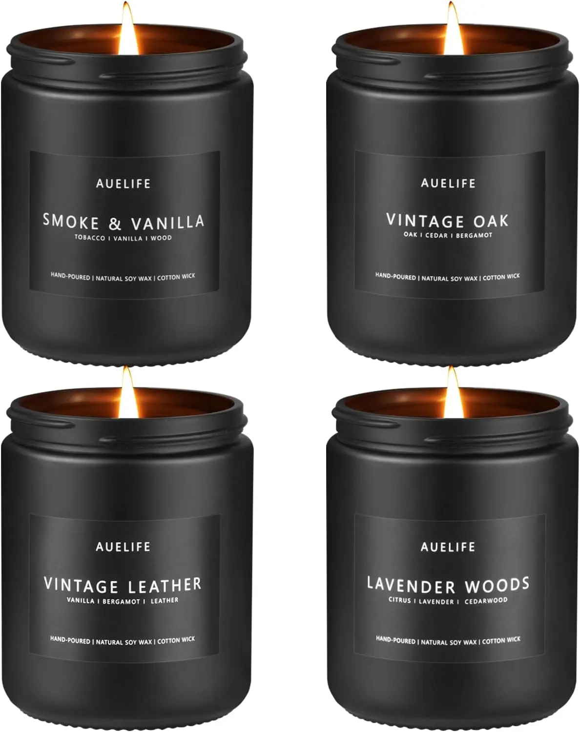 Scented Candles Set | Men Candle Set, Scented Candles for Home, Gifts for Men Aromatherapy Gift Set - 4 Pack Manly Gifts for Dad Fathers Day, Soy Candle of Leather/Smoke & Vanilla/Oak/Lavender Auelife