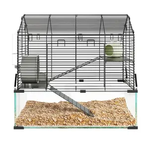 Large Hamster Cage, 3-Tier Gerbil Cages with Running Wheel, Water Bottle, Food Bowl, Ramps, Portable Hamster House with 7 in Deep Glass Bottom for Syrian, Dwarf Hamster, Gerbils