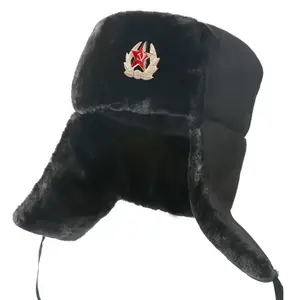 Men's Winter Soviet Badge Lei Feng Hats Russian Ushanka Hat Outdoor Warm Thicken Faux Rabbit Fur Windproof Snow Caps