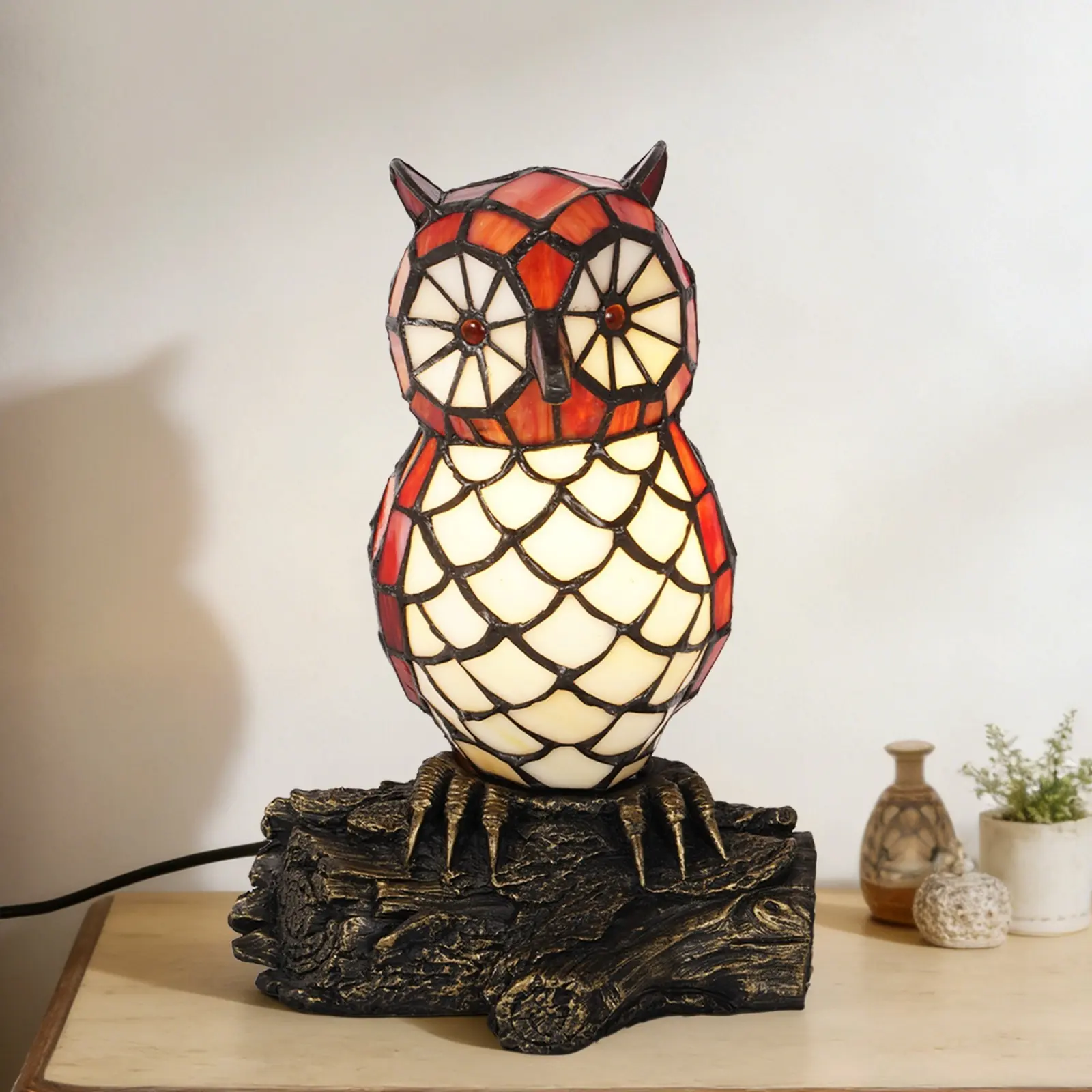 Cute Tiffany Owl Stained Glass Table Lamp, Red & White Hand-Spliced Glass Resin Root Base E14 Warm Night Light for Bedroom Nursery Bedside Decor Gift