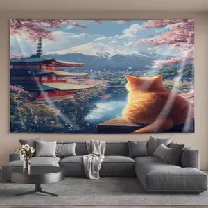 Printed Tapestries Ginger cat viewing pagoda Mount Fuji and cherry blossomsIs Simple Interior decoration