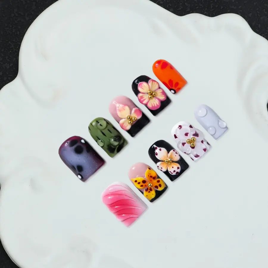 Handmade 10PCS Press On Nails, Y2K Bad Girl Style 3D Flower Acrylic Fake Nails, Reusable False Nails DIY Manicure Kit with Nail Tools, Durable Waterproof Non-Damaging, Pregnancy Safe Quick Dry Whitening, DIY Nail Art for Festival Party, Acrylic Nail Set