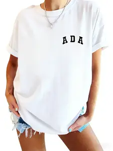 Lazy Girl Style T-Shirt Top, Chest Ada Letter Print, Loose Fit, Soft Cotton Fabric, Breathable, Casual Summer, Denim Shorts