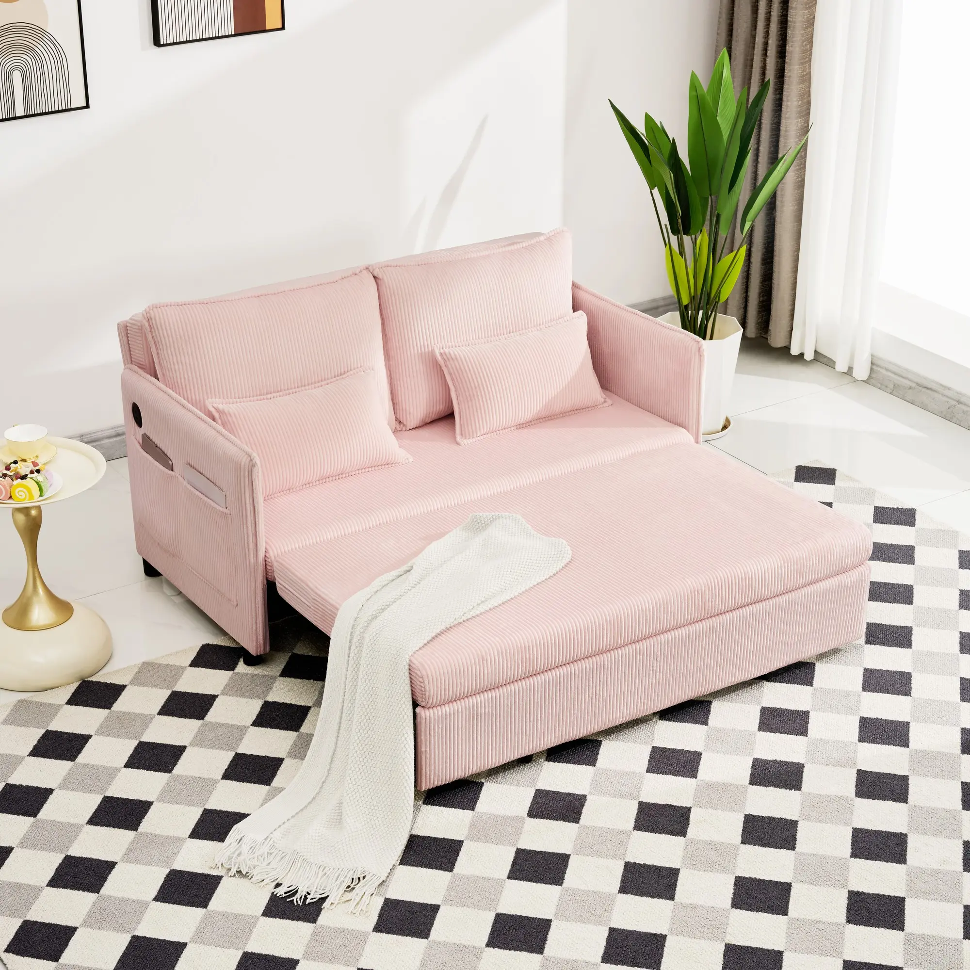 55-Inch 3-in-1 Convertible Sofa Bed with USB Ports and Side Pocket, Corduroy Pull-Out Couch for Small Spaces, Twin Sleeper, Pink