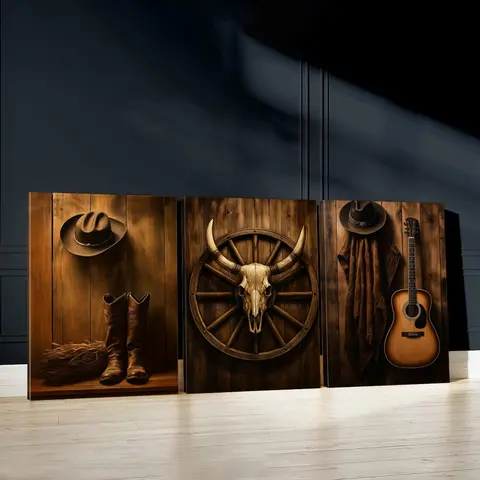 3pcs Western Style Wall Decoration Art, Rustic Charm Poster, Cowboy Culture Art Prints, Country Music Home Decor, Wooden Wall Art, Decoration Items, Decor for Living Room, Bedroom