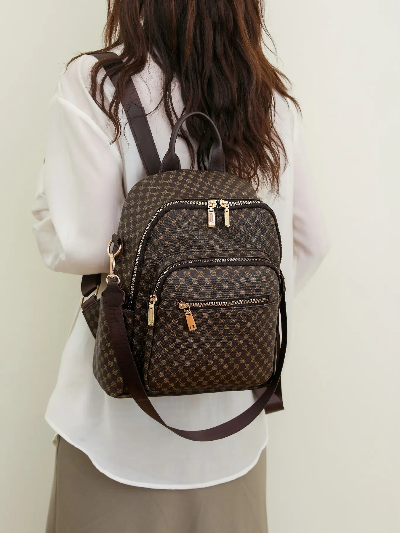 Classic Women's Shoulder Bag, Geometric Pattern Backpack, Stylish Daypack, Multi-Layer Pocket Design, Lightweight & Practical, Fashionable Casual Daily Use, Backpacks Women