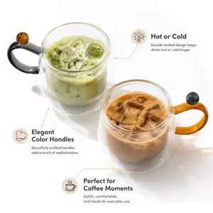 Borosilicate Double Wall Glass Mug - Colored Handle,(Amber & Smoke),Insulated Clear Coffee Tumbler for Hot & Cold Drinks,TikTok Viral Drinkware Bottles,Tumblers Cupday gift ideas,aesthetic,trending