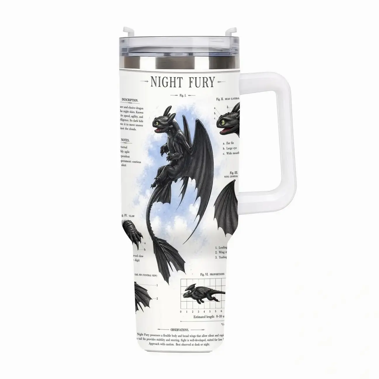 Night Fury Scientific Blueprint Tumbler – How to Train Your Dragon Anatomy Illustration Travel Mug with Handle, Toothless Dragon Field Study Tumbler