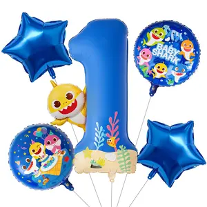 PartyWoo Baby Shark Blue Foil Number 1 Balloon 5pcs 40 18 Inch Blue Round Star Mylar Helium Birthday Balloons for Boys and Girls Baby Shark Under the Sea Ocean Kids First Birthday Party Decorations