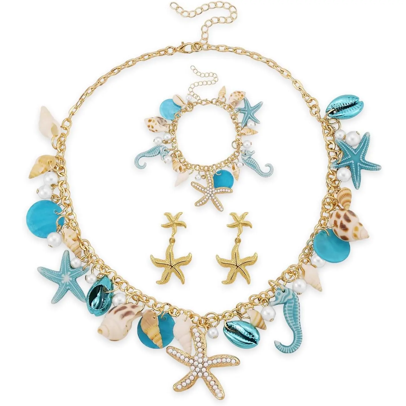Bohemian Mermaids Starfish Jewelry Set for Women Starfish Necklace Bracelet Earrings Mermaids Starfish Conch Necklace Summer Ocean Beach Jewelry Set Halloween Prom Jewelry Mermaids Accessories
