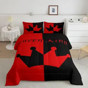 Crown Comforter,Soft Bedroom Home Decor Quilt Set,His And Hers Matching Couple Luxury Bedding Set,Romantic Valentine'S Day Black And Red Comforter Set