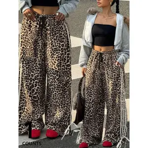 Autumn and winter women's leopard print leopard side stripes bow velvet wide-leg trousers, cool street campus all-match style, suitable for going out, travel, vacation, street dance, trendy and fashionable