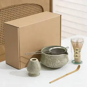 Ceramic Matcha Bowl Set Coconut Tree Pattern, Professional Tools for Traditional Matcha Bowls, Ideal for Tea Lovers