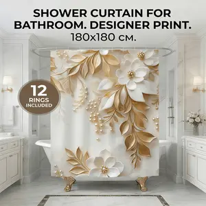 White Gold Floral Shower Curtain, 3D Embossed Pearl Flower Bathroom Curtain, 72" x 72" Waterproof Polyester with 12 Hooks Included, Shower Curtain Sets