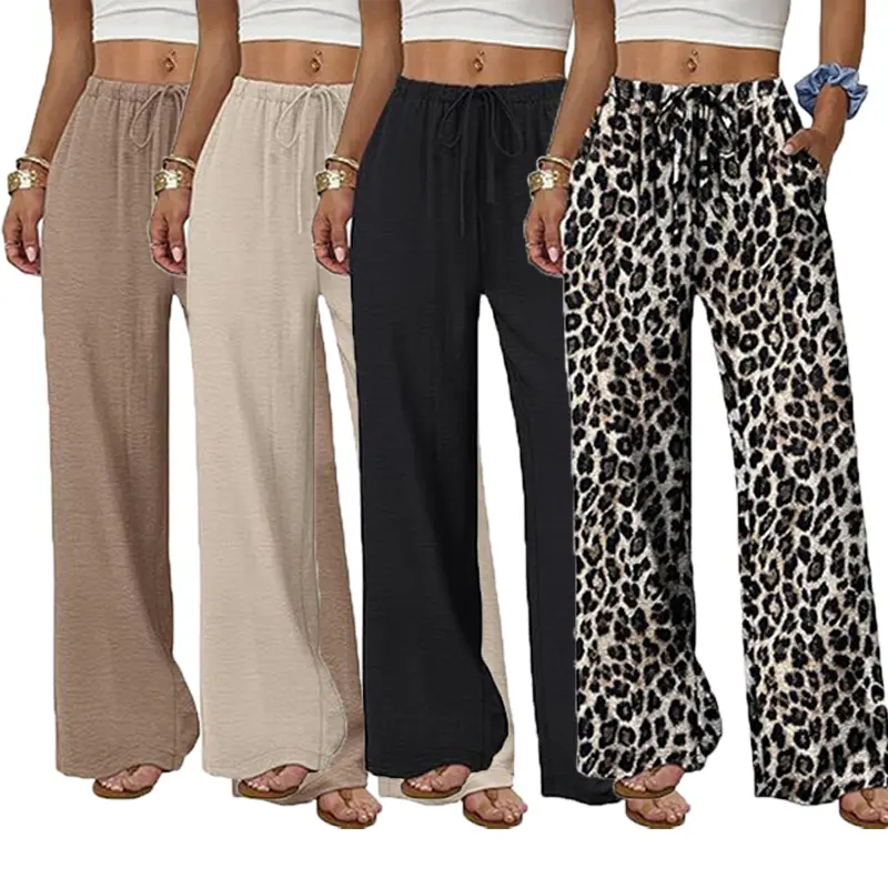 Women Drawstring High Waist Wide Leg Pants Casual Loose Textured Palazzo Pants With Side Pockets Soft Comfy Women's Gym Wear Movement Womenswear