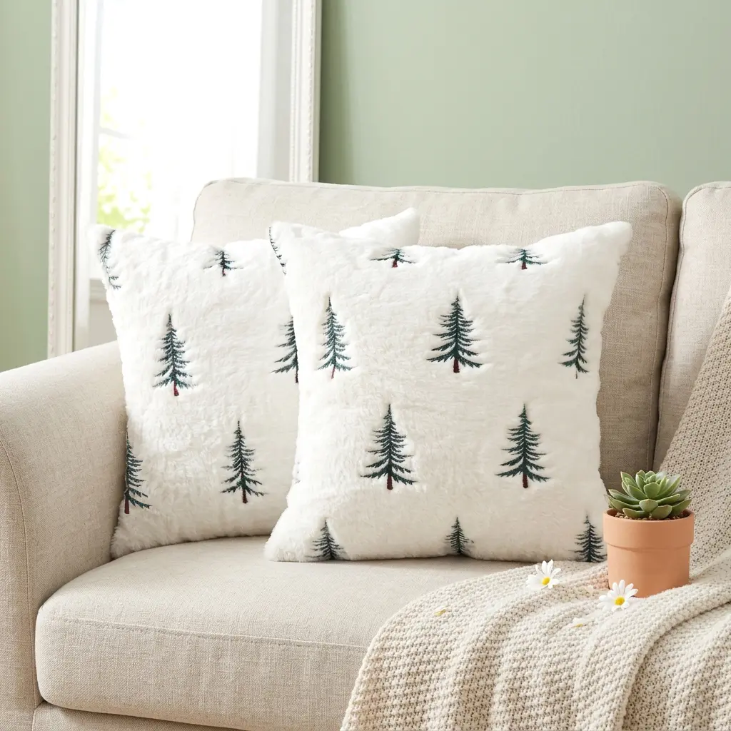 2-PCS Spring Plush Embroidered Pillowcase Set, Soft and Cozy Faux Fur Pillows with Tree Embroidery, Perfect for Spring Decor in Sofas, Bedrooms, and Living Rooms, White/Green, 18x18 inches， girlfriend gift