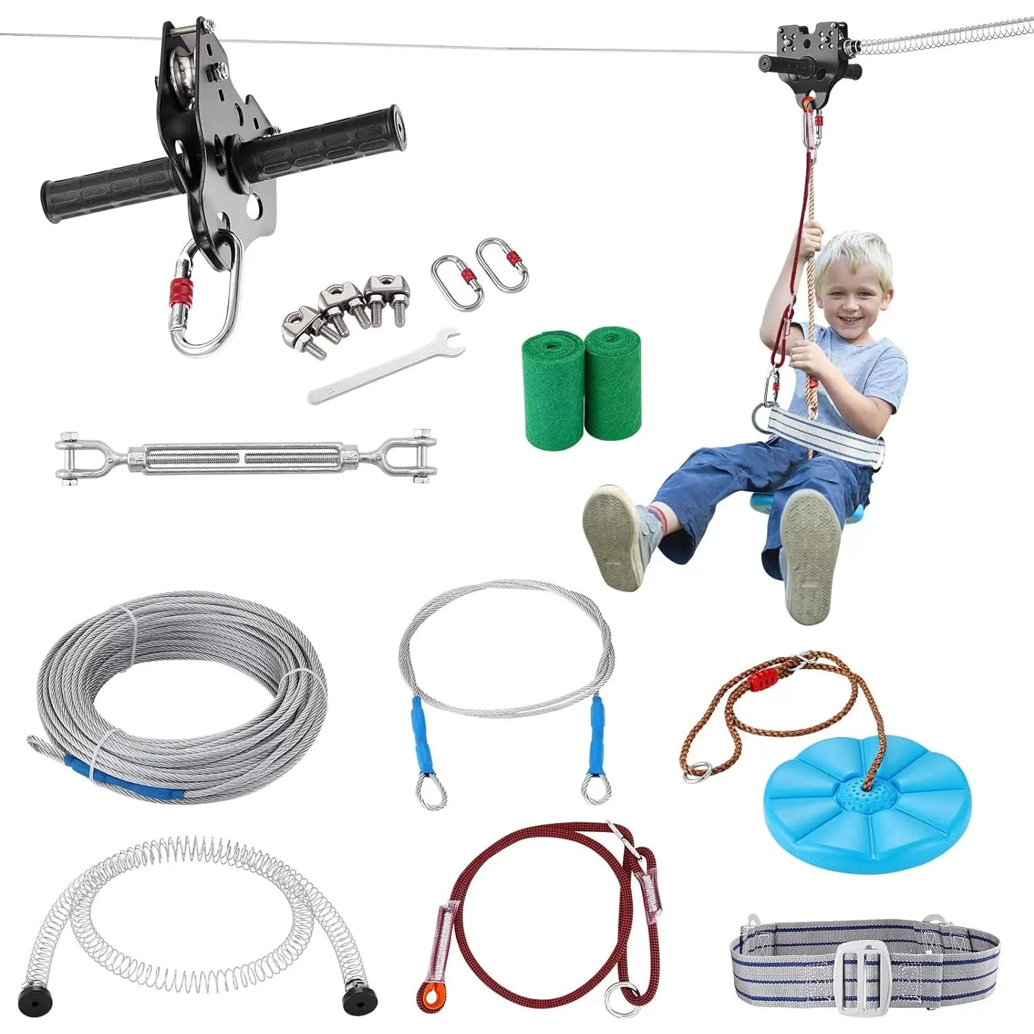 160ft Stable Unisex Backyard Zip Line Kit, 330lb Weight Capacity, Tree-Friendly Outdoor Playground Tool Kit with Swing Seat + Trolley, Spring Brake, Steel Components for Kids & Adults