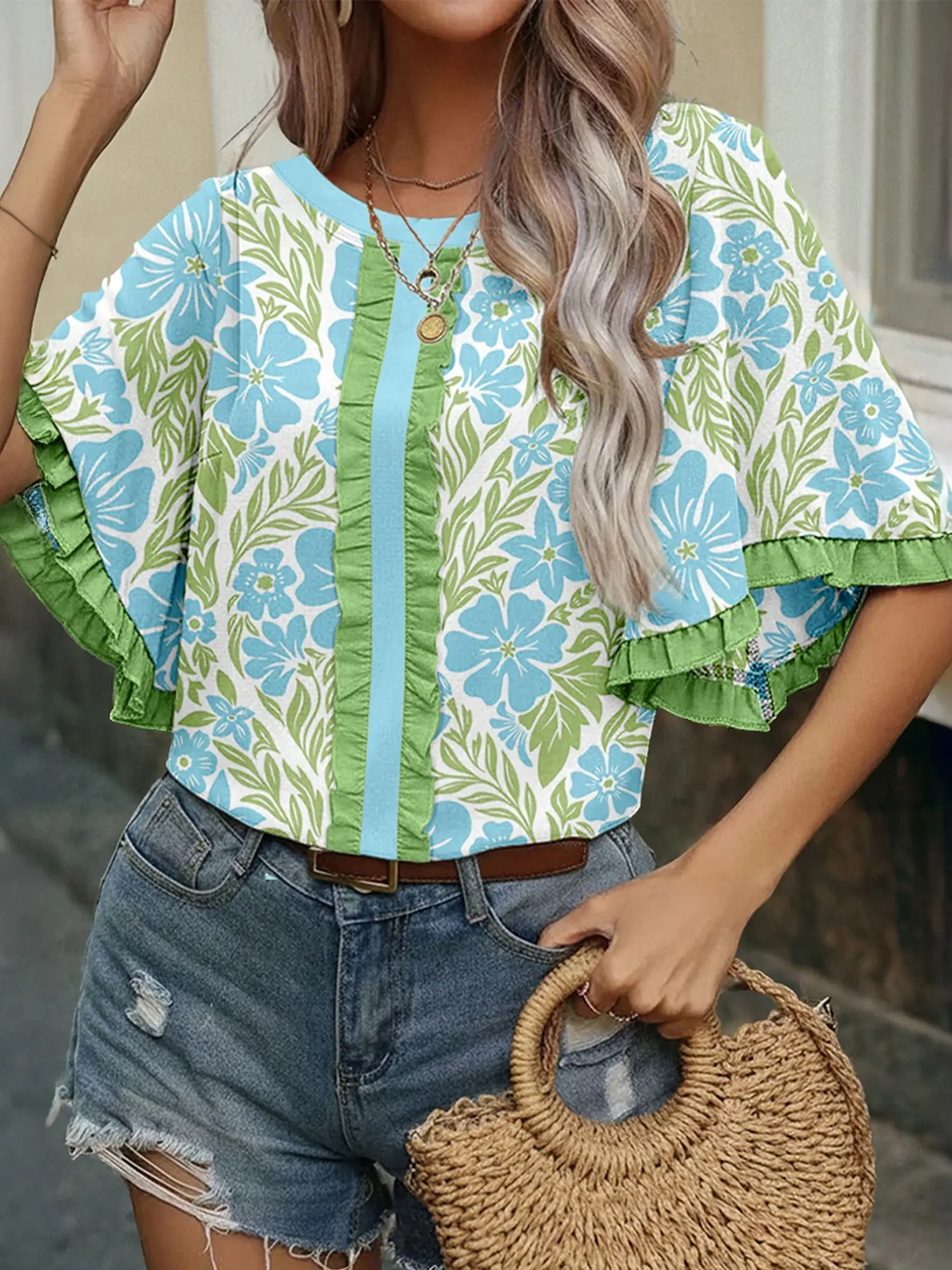Floral Print Ruffled Color Block Trim Half Sleeve Blouse,  100% Viscose fabric feels soft, Lightweight, and Breathable.